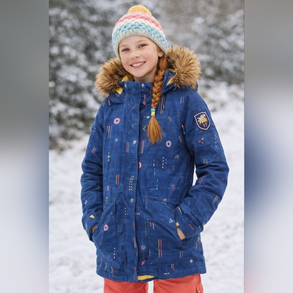 Burton Girls Aubrey Parka Jacket XL Blue Pattern Faux Fur Hood Snow Ski Coat